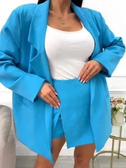 Niebieski Komplet Marynarka Oversize + Spódnico-Spodenki 13568-191-F|Modna Kiecka Hot