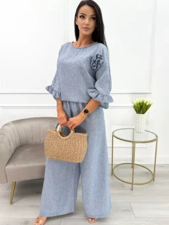 Niebieski Komplet Oversize Bluzka z Ozdobą + Spodnie 13904-423-B|Modna Kiecka Fashion