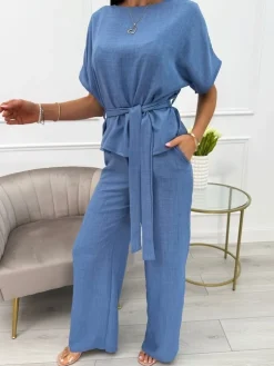 Niebieski Komplet z Paskiem 13914-357-C|Modna Kiecka Clearance