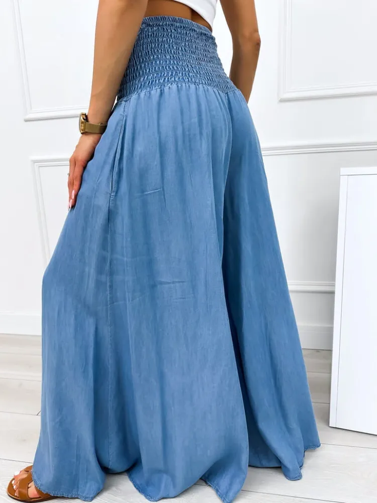 Niebieskie Jeansowe Spodnie z Szeroką Nogawką 12588-69-B|Modna Kiecka Sale