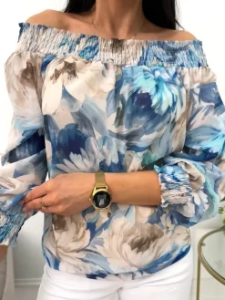 Niebiesko-Beżowa Bluzka Hiszpanka w Kwiaty 13583-412-A|Modna Kiecka Outlet