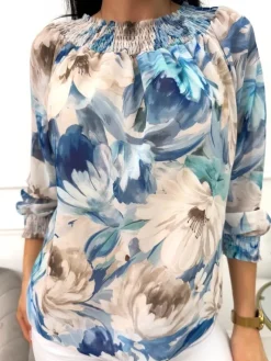 Niebiesko-Beżowa Bluzka Hiszpanka w Kwiaty 13583-412-A|Modna Kiecka Outlet