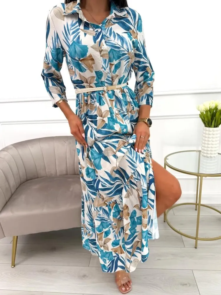 Niebiesko-Beżowa Sukienka Maxi w Roślinny Wzór 13900-418-B|Modna Kiecka Discount
