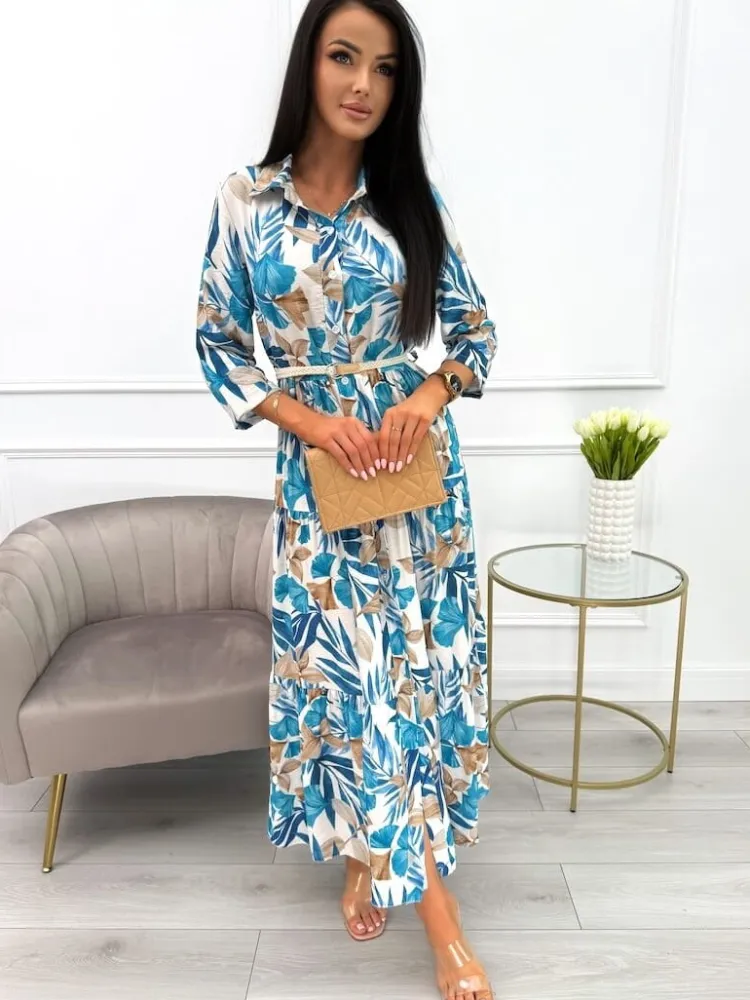 Niebiesko-Beżowa Sukienka Maxi w Roślinny Wzór 13900-418-B|Modna Kiecka Discount
