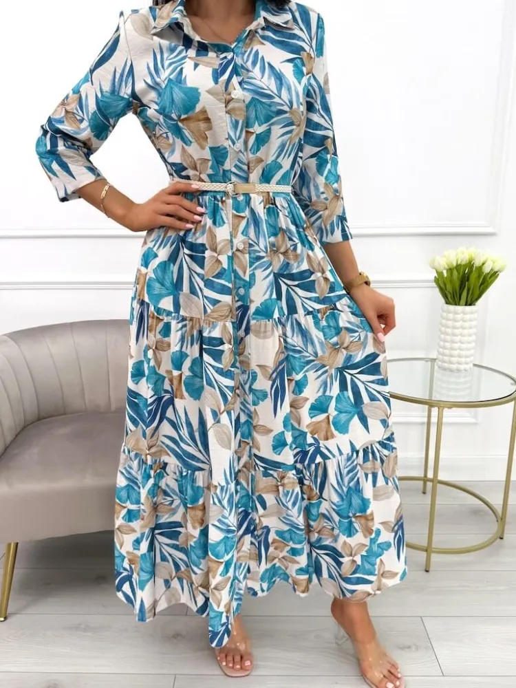 Niebiesko-Beżowa Sukienka Maxi w Roślinny Wzór 13900-418-B|Modna Kiecka Discount
