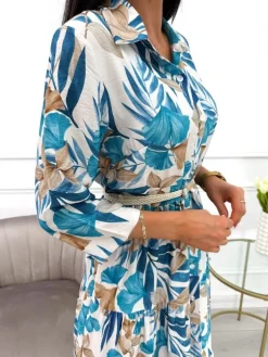 Niebiesko-Beżowa Sukienka Maxi w Roślinny Wzór 13900-418-B|Modna Kiecka Discount