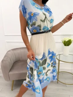 Niebiesko-Beżowa Sukienka w Kwiaty z Paskiem 13918-510-A|Modna Kiecka Outlet