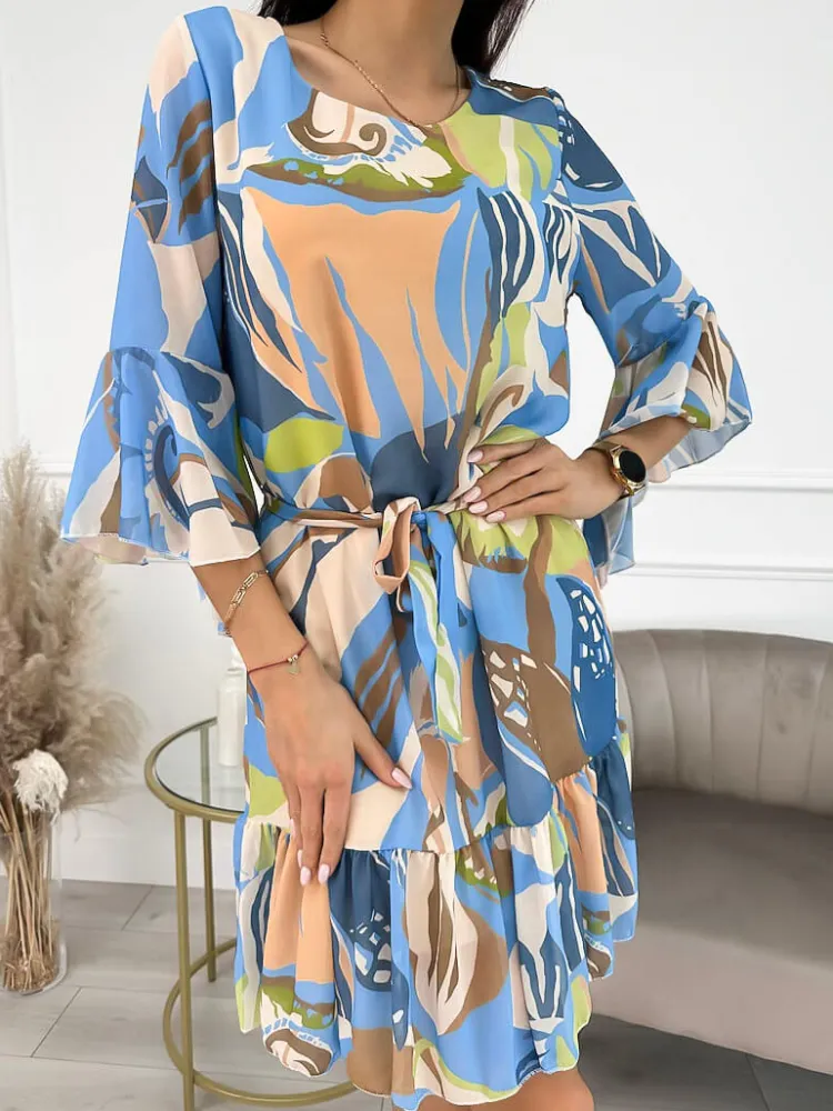 Niebiesko-Beżowa Wzorzysta Sukienka 9811-122-B|Modna Kiecka Fashion