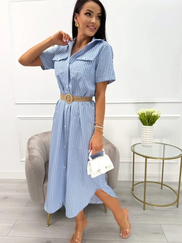 Niebiesko-Biała Sukienka w Paski 13976-415-A|Modna Kiecka Fashion