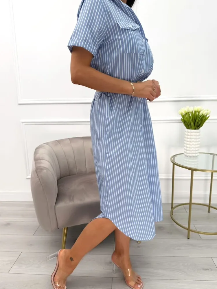Niebiesko-Biała Sukienka w Paski 13976-415-A|Modna Kiecka Fashion
