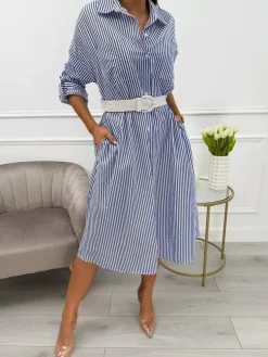 Niebiesko-Biała Sukienka z Paskiem 13621-85-B|Modna Kiecka Hot