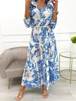 Niebiesko-Kremowa Sukienka Maxi ze Wzorem 13901-167-B|Modna Kiecka Outlet