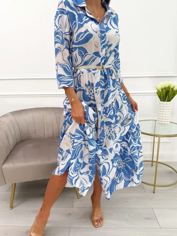Niebiesko-Kremowa Sukienka Maxi ze Wzorem 13901-167-B|Modna Kiecka Outlet