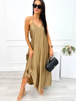 Oliwkowa Plisowana Sukienka Maxi 12585-75-B|Modna Kiecka New