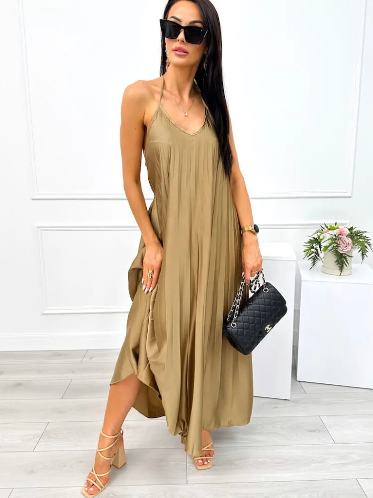 Oliwkowa Plisowana Sukienka Maxi 12585-75-B|Modna Kiecka New