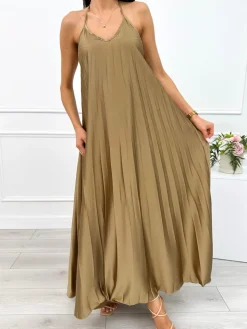 Oliwkowa Plisowana Sukienka Maxi 12585-75-B|Modna Kiecka New
