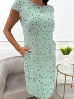 Pistacjowa Sukienka w Groszki z Kieszeniami 13708-146-E|Modna Kiecka Hot