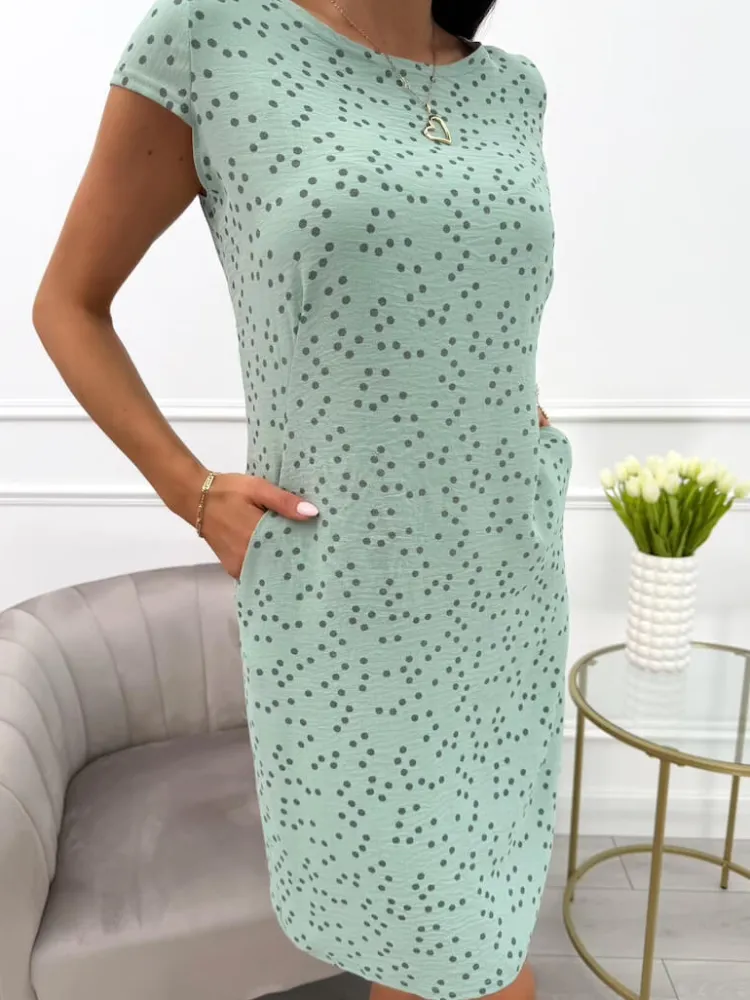 Pistacjowa Sukienka w Groszki z Kieszeniami 13708-146-E|Modna Kiecka Hot