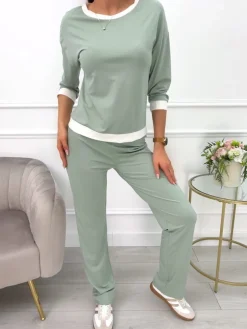 Pistacjowy Komplet Bluzka+Spodnie 13592-173-E|Modna Kiecka Sale
