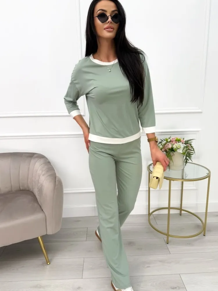 Pistacjowy Komplet Bluzka+Spodnie 13592-173-E|Modna Kiecka Sale