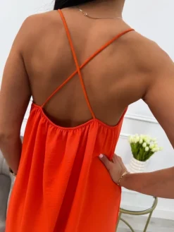 Pomarańczowa Sukienka Maxi na Ramiączkach 13880-143-G|Modna Kiecka Outlet
