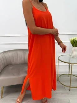 Pomarańczowa Sukienka Maxi na Ramiączkach 13880-143-G|Modna Kiecka Outlet
