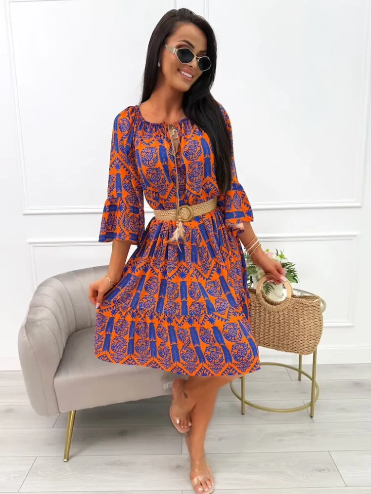 Pomarańczowa Sukienka Oversize w Kobaltowy Wzór 14041-361-C|Modna Kiecka Sale