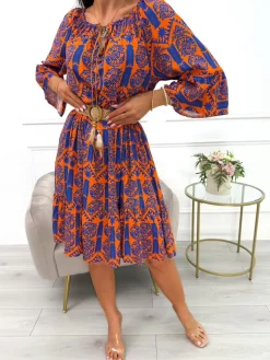 Pomarańczowa Sukienka Oversize w Kobaltowy Wzór 14041-361-C|Modna Kiecka Sale