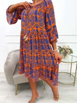 Pomarańczowa Sukienka Oversize w Kobaltowy Wzór 14041-361-C|Modna Kiecka Sale