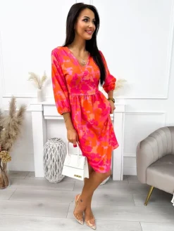 Pomarańczowa Sukienka ze Wzorem 11846-285-A|Modna Kiecka Hot