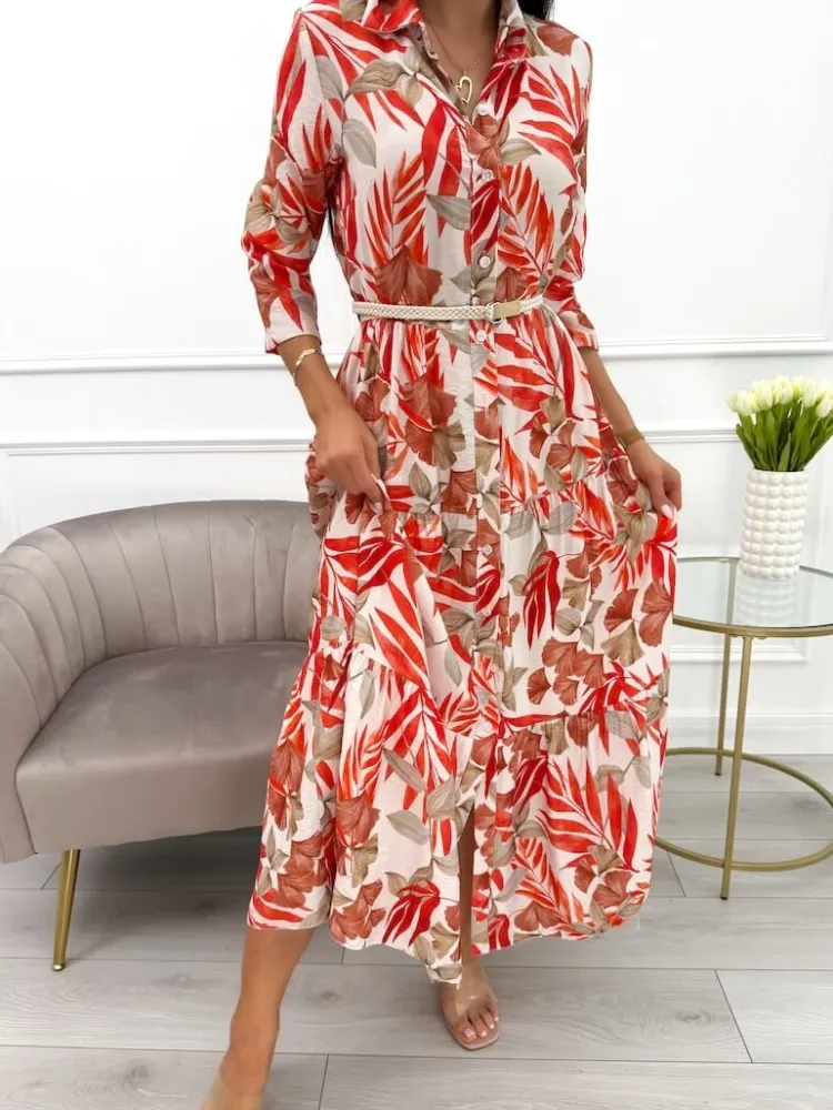 Pomarańczowo-Beżowa Sukienka Maxi w Roślinny Wzór 13900-418-C|Modna Kiecka Outlet