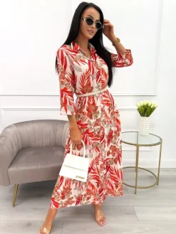 Pomarańczowo-Beżowa Sukienka Maxi w Roślinny Wzór 13900-418-C|Modna Kiecka Outlet