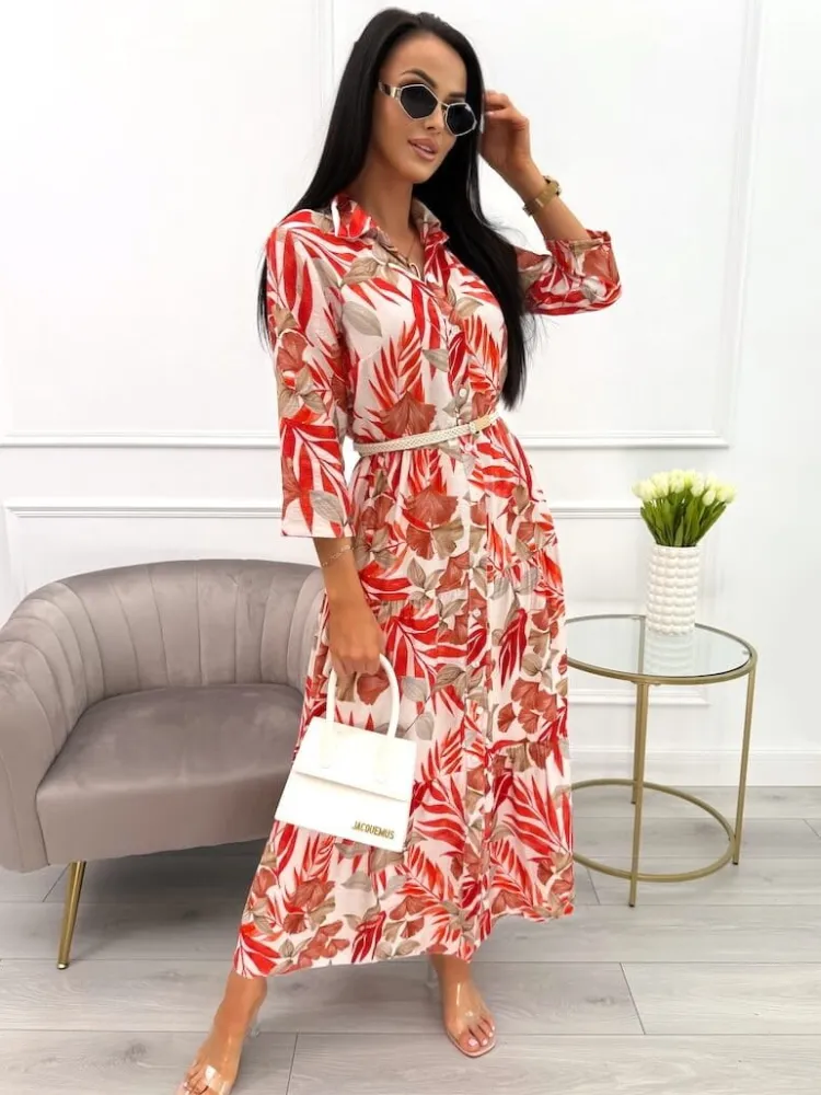Pomarańczowo-Beżowa Sukienka Maxi w Roślinny Wzór 13900-418-C|Modna Kiecka Outlet