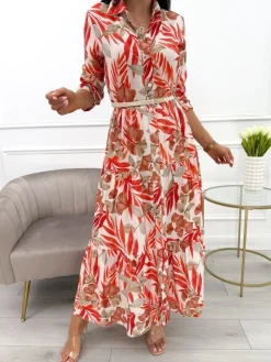Pomarańczowo-Beżowa Sukienka Maxi w Roślinny Wzór 13900-418-C|Modna Kiecka Outlet