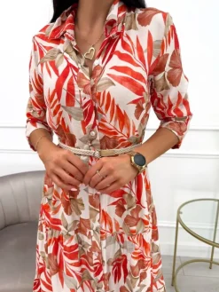 Pomarańczowo-Beżowa Sukienka Maxi w Roślinny Wzór 13900-418-C|Modna Kiecka Outlet