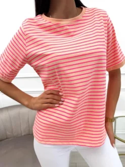 Pomarańczowy T-shirt w Paski 13764-152-A|Modna Kiecka Best