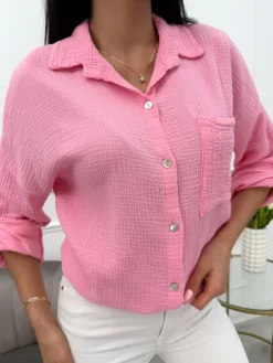 Pudrowa Bawełniana Koszula z Kieszonką 13884-236-C|Modna Kiecka Fashion