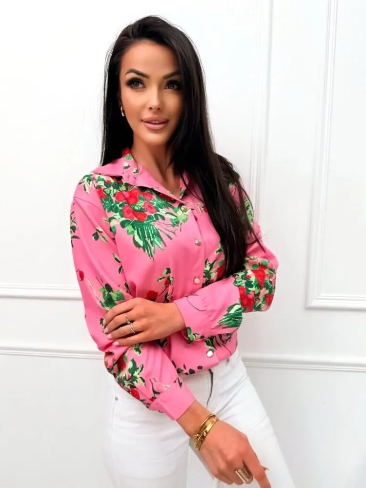 Pudrowa Koszula z Motywem Roślinnym 13462-405-B|Modna Kiecka Outlet