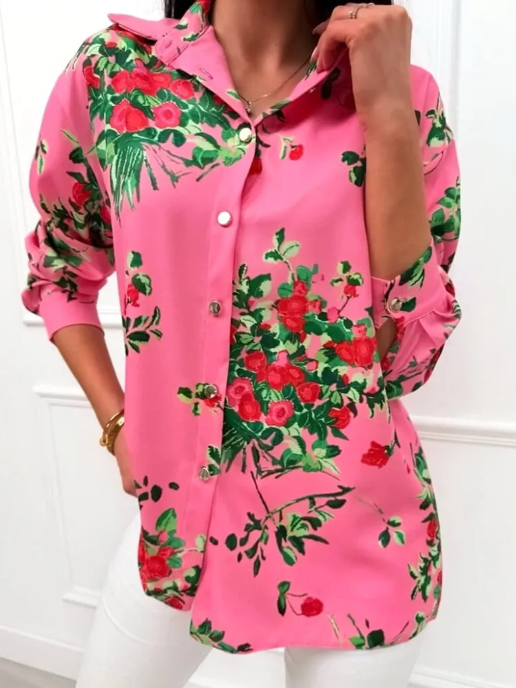 Pudrowa Koszula z Motywem Roślinnym 13462-405-B|Modna Kiecka Outlet