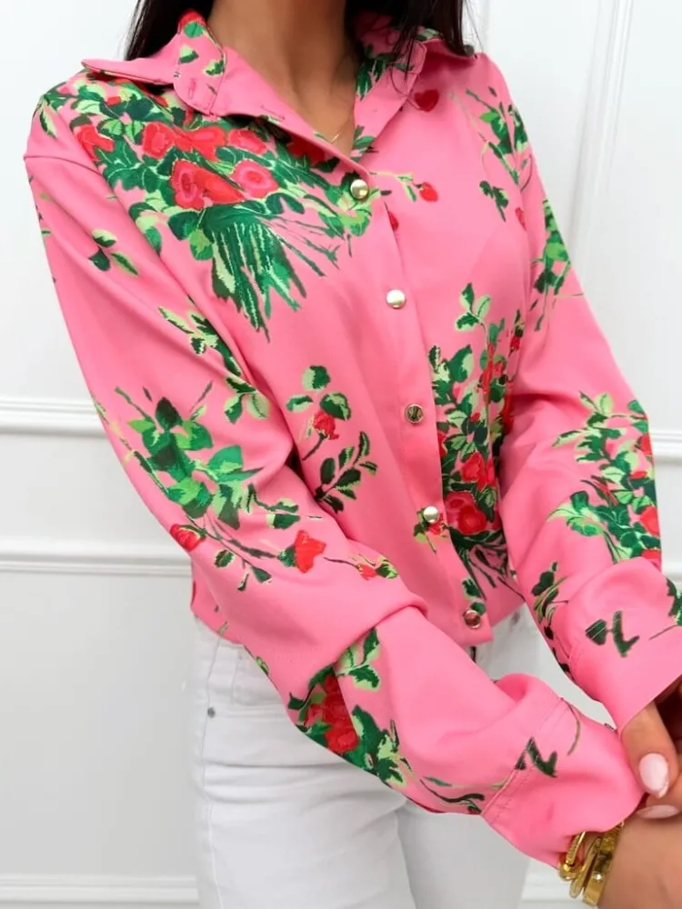 Pudrowa Koszula z Motywem Roślinnym 13462-405-B|Modna Kiecka Outlet