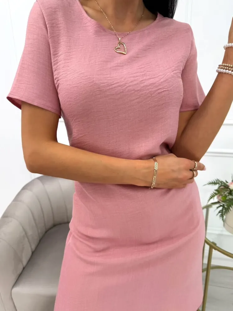Pudrowa Lniana Sukienka 14091-285-F|Modna Kiecka Discount