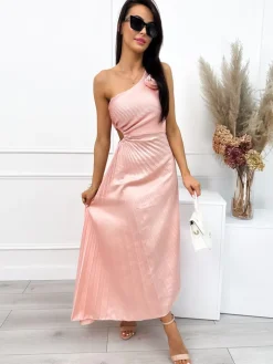 Pudrowa Plisowana Sukienka Maxi z Ozdobą 12605-248-B|Modna Kiecka Sale