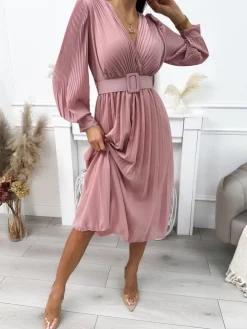 Pudrowa Plisowana Sukienka 11894-208-C|Modna Kiecka Clearance