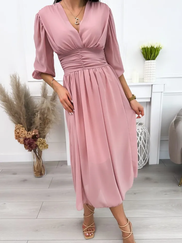 Pudrowa Sukienka 12155-95-C|Modna Kiecka Outlet