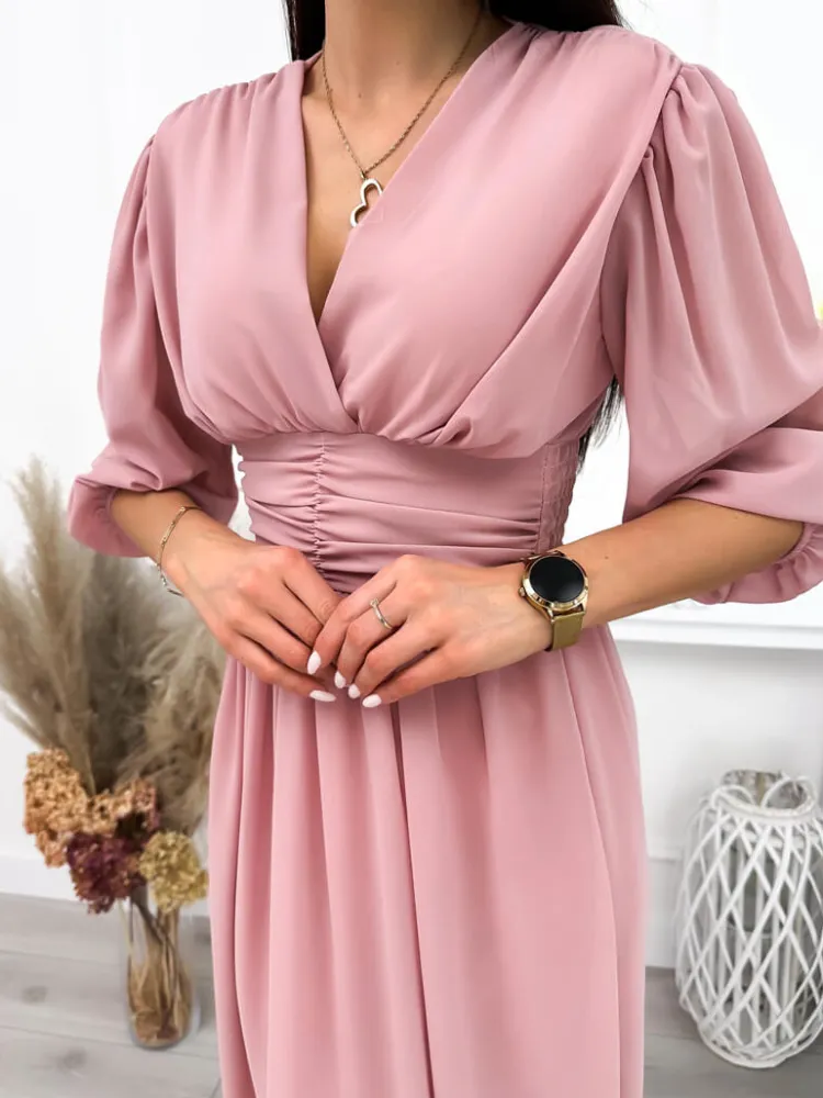 Pudrowa Sukienka 12155-95-C|Modna Kiecka Outlet