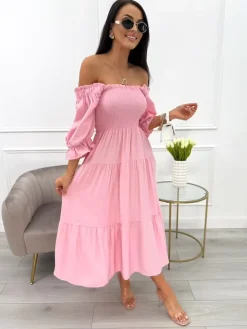 Pudrowa Sukienka Hiszpanka Midi 13991-313-D|Modna Kiecka Best