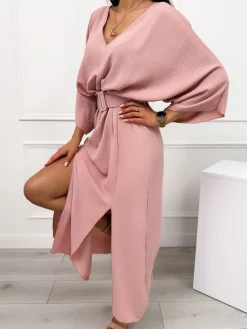 Pudrowa Sukienka Maxi z Rozcięciami i Paskiem 12508-518-B|Modna Kiecka Online
