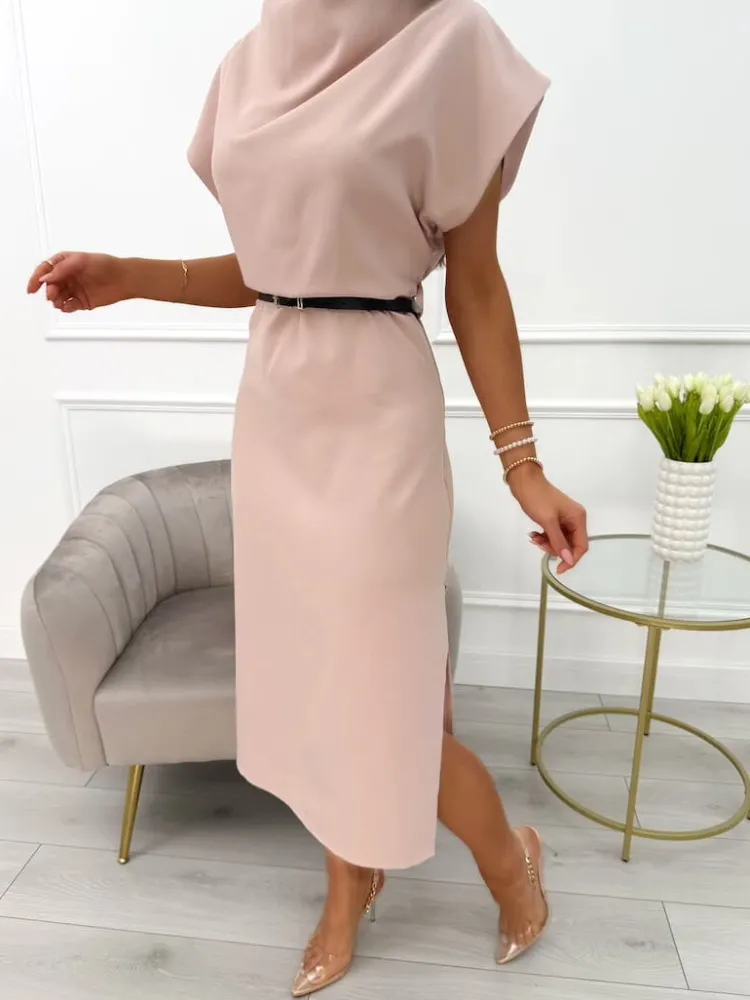 Pudrowa Sukienka Midi z Paskiem 13851-408-F|Modna Kiecka Fashion