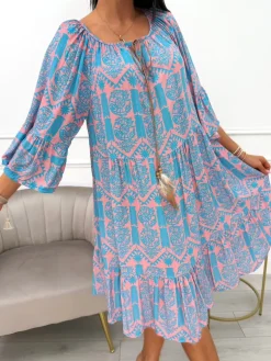 Pudrowa Sukienka Oversize w Niebieski Wzór 14041-361-D|Modna Kiecka Sale