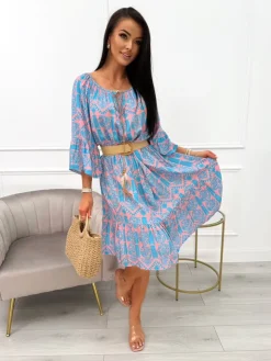 Pudrowa Sukienka Oversize w Niebieski Wzór 14041-361-D|Modna Kiecka Sale